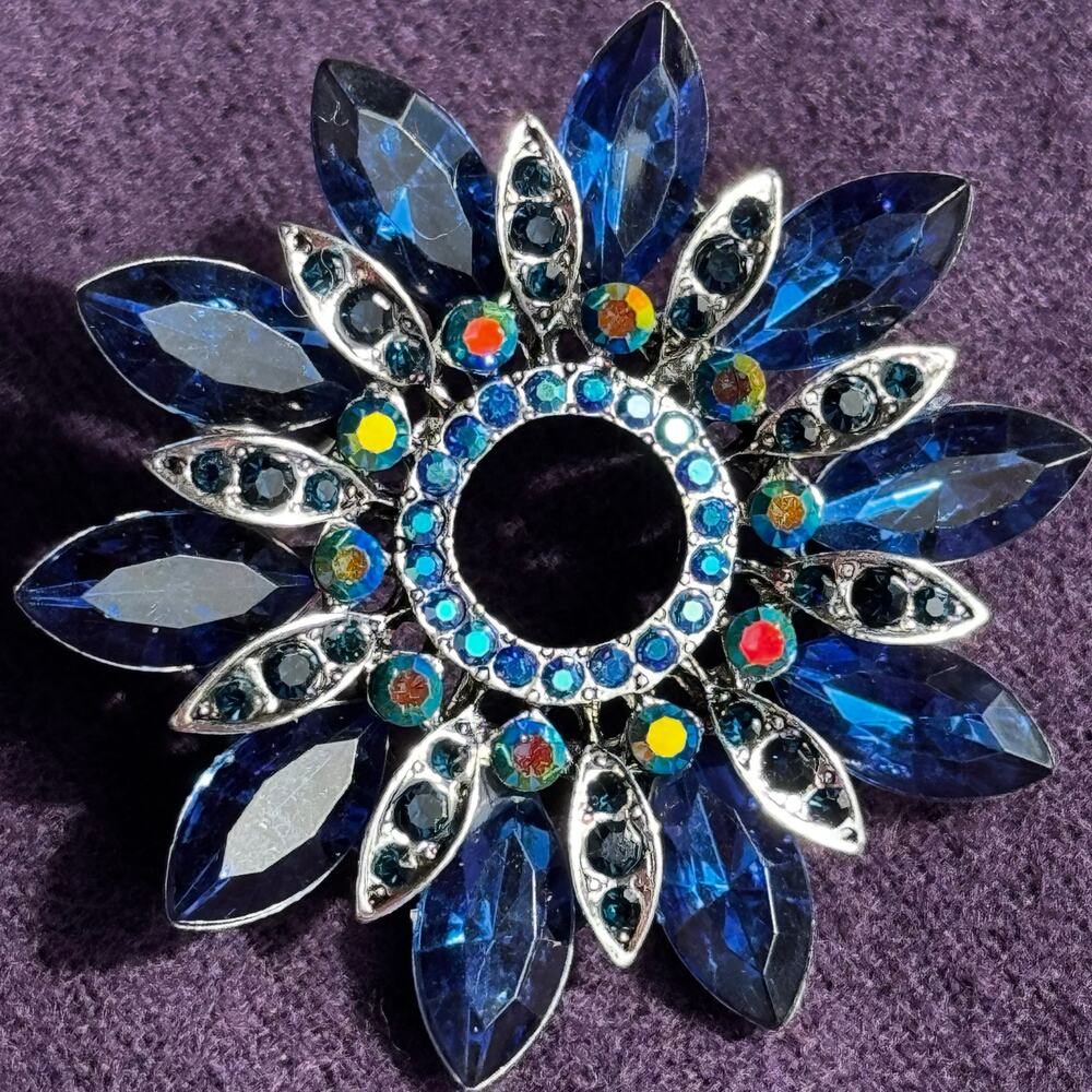 Blue Navette Rhinestone Starburst Brooch Pin Sapphire AB Crystal Silver Tone